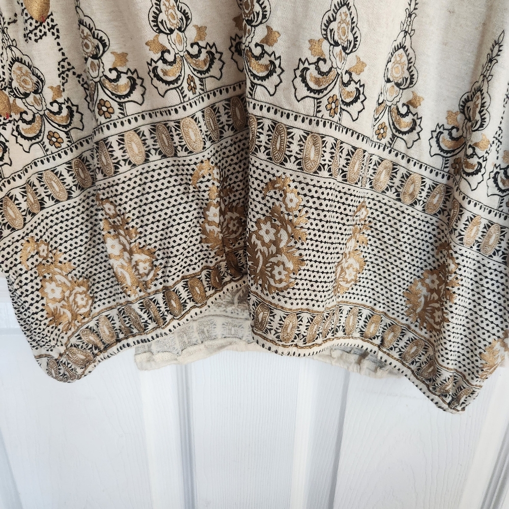 Free People Women Sz Large Medallion Printed Linen Long Sleeve Boho Cream Gold - Picture 7 of 8